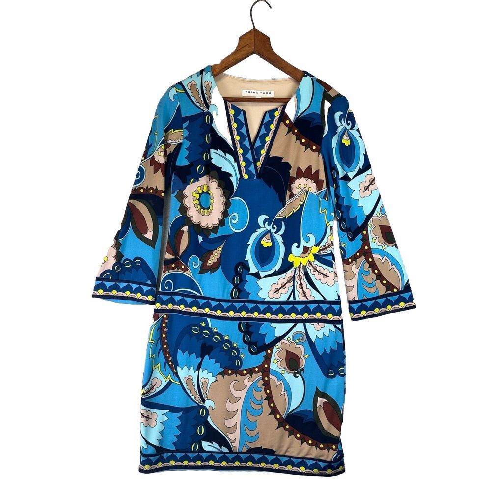 Trina Turk Float V Neck Sheath Mini Dress 3/4 Sleeves Retro Psychedelic Fun Sz 0